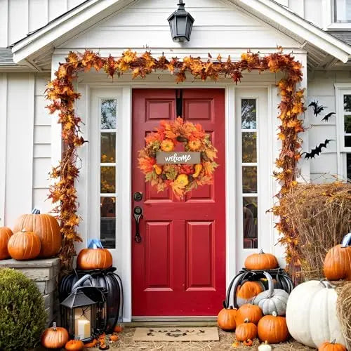 20 pouces d’automne feuilles d’érable couronne citrouille décoratif fenêtre mur pour la porte d’entrée