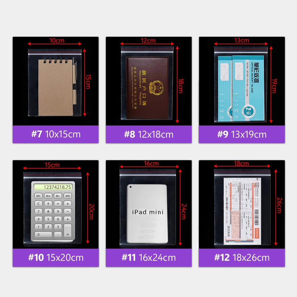 Lot de 100 sachets en plastique transparents refermables pour bijoux, différentes tailles