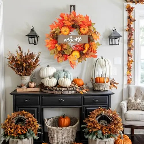 20 pouces d’automne feuilles d’érable couronne citrouille décoratif fenêtre mur pour la porte d’entrée