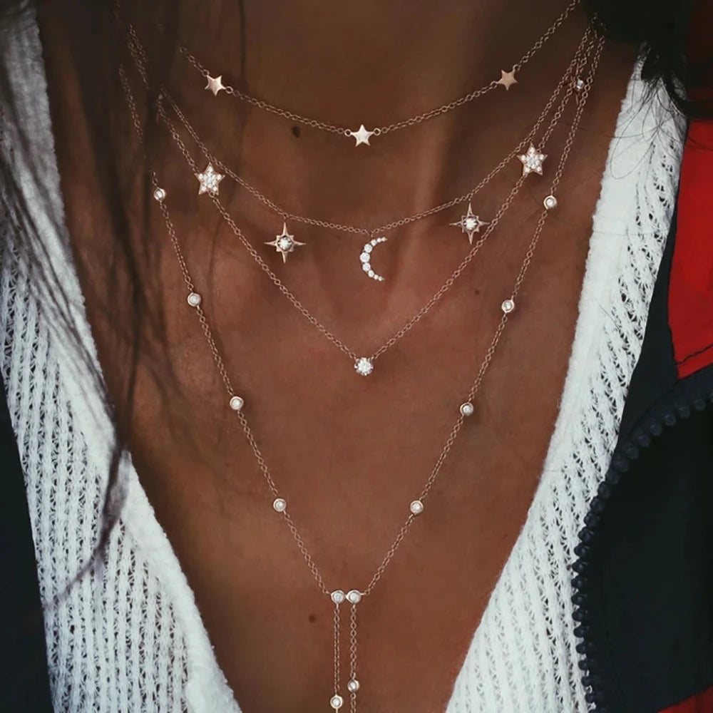 Nouveau Vintage cristal géométrie étoile lune serrure collier pour femmes 2020 Boho multi-niveaux pendentifs colliers Sautoirs bijoux cadeau