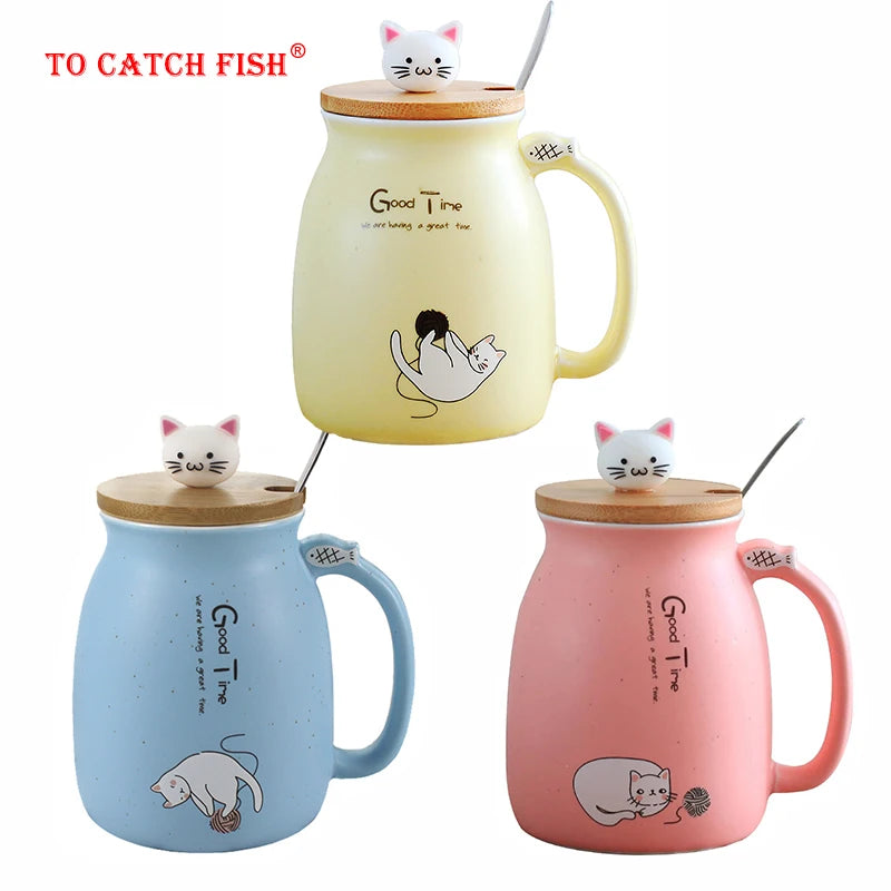 Tasse résistante à la chaleur pour chat, couleur créative, dessin animé avec couvercle, tasse de 450ml, chaton, café, tasses en céramique, tasse pour enfants, verres de bureau, cadeau