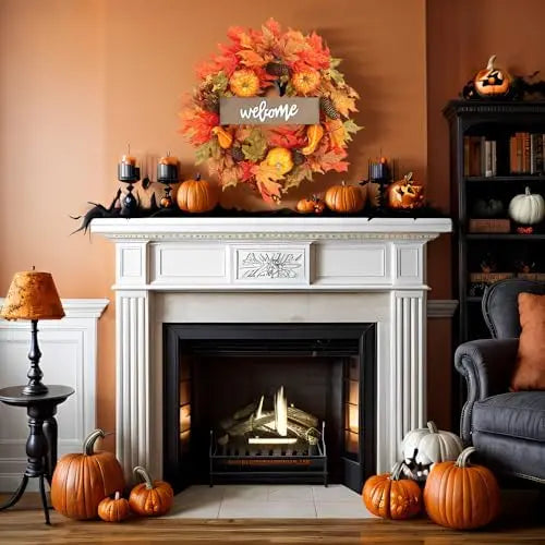 20 pouces d’automne feuilles d’érable couronne citrouille décoratif fenêtre mur pour la porte d’entrée