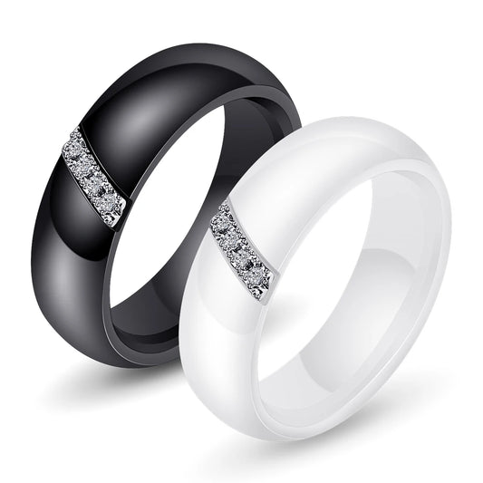 Bagues en céramique blanche et noire pour femmes, Surface lisse incrustée de Zircon, en acier inoxydable, cadeau de fiançailles et de mariage