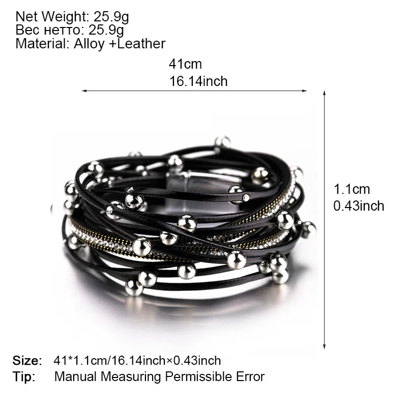 ALLYES – Bracelets en cuir à breloques en perles métalliques pour femmes et hommes, chaîne en cristal, bohème, multicouche, bijoux féminins