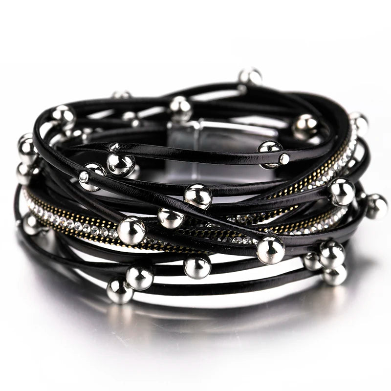 ALLYES – Bracelets en cuir à breloques en perles métalliques pour femmes et hommes, chaîne en cristal, bohème, multicouche, bijoux féminins