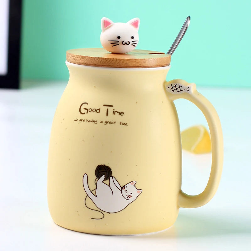 Tasse résistante à la chaleur pour chat, couleur créative, dessin animé avec couvercle, tasse de 450ml, chaton, café, tasses en céramique, tasse pour enfants, verres de bureau, cadeau