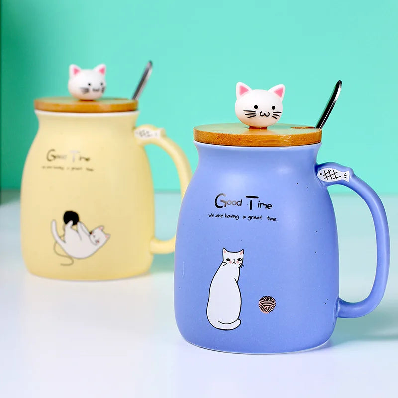 Tasse résistante à la chaleur pour chat, couleur créative, dessin animé avec couvercle, tasse de 450ml, chaton, café, tasses en céramique, tasse pour enfants, verres de bureau, cadeau