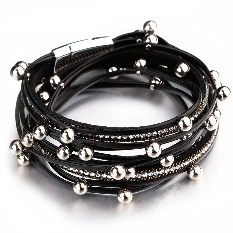 ALLYES – Bracelets en cuir à breloques en perles métalliques pour femmes et hommes, chaîne en cristal, bohème, multicouche, bijoux féminins