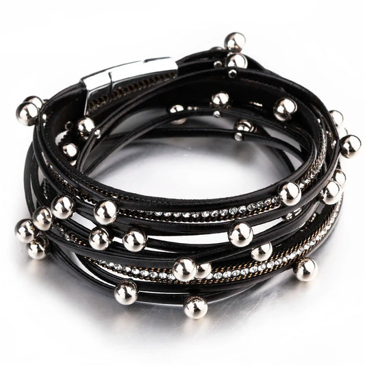 ALLYES – Bracelets en cuir à breloques en perles métalliques pour femmes et hommes, chaîne en cristal, bohème, multicouche, bijoux féminins