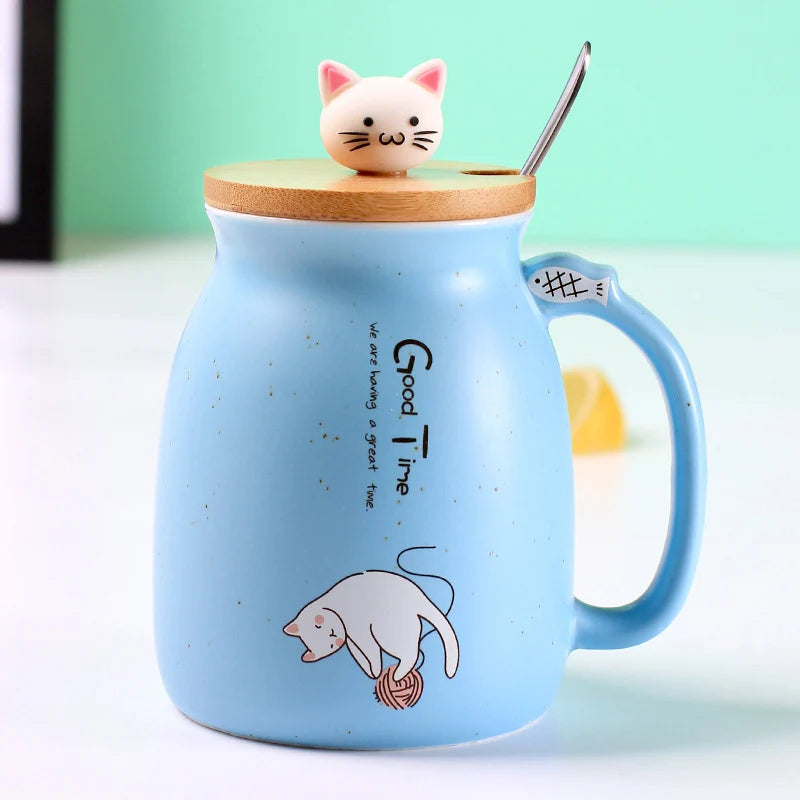 Tasse résistante à la chaleur pour chat, couleur créative, dessin animé avec couvercle, tasse de 450ml, chaton, café, tasses en céramique, tasse pour enfants, verres de bureau, cadeau