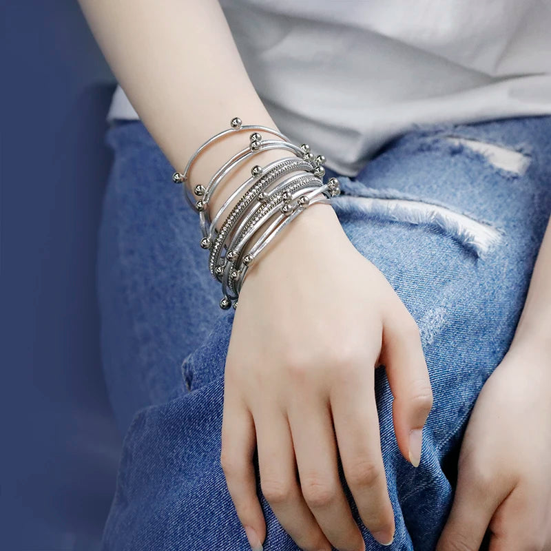 ALLYES – Bracelets en cuir à breloques en perles métalliques pour femmes et hommes, chaîne en cristal, bohème, multicouche, bijoux féminins