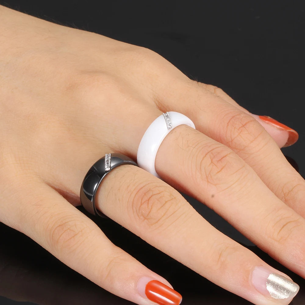 Bagues en céramique blanche et noire pour femmes, Surface lisse incrustée de Zircon, en acier inoxydable, cadeau de fiançailles et de mariage