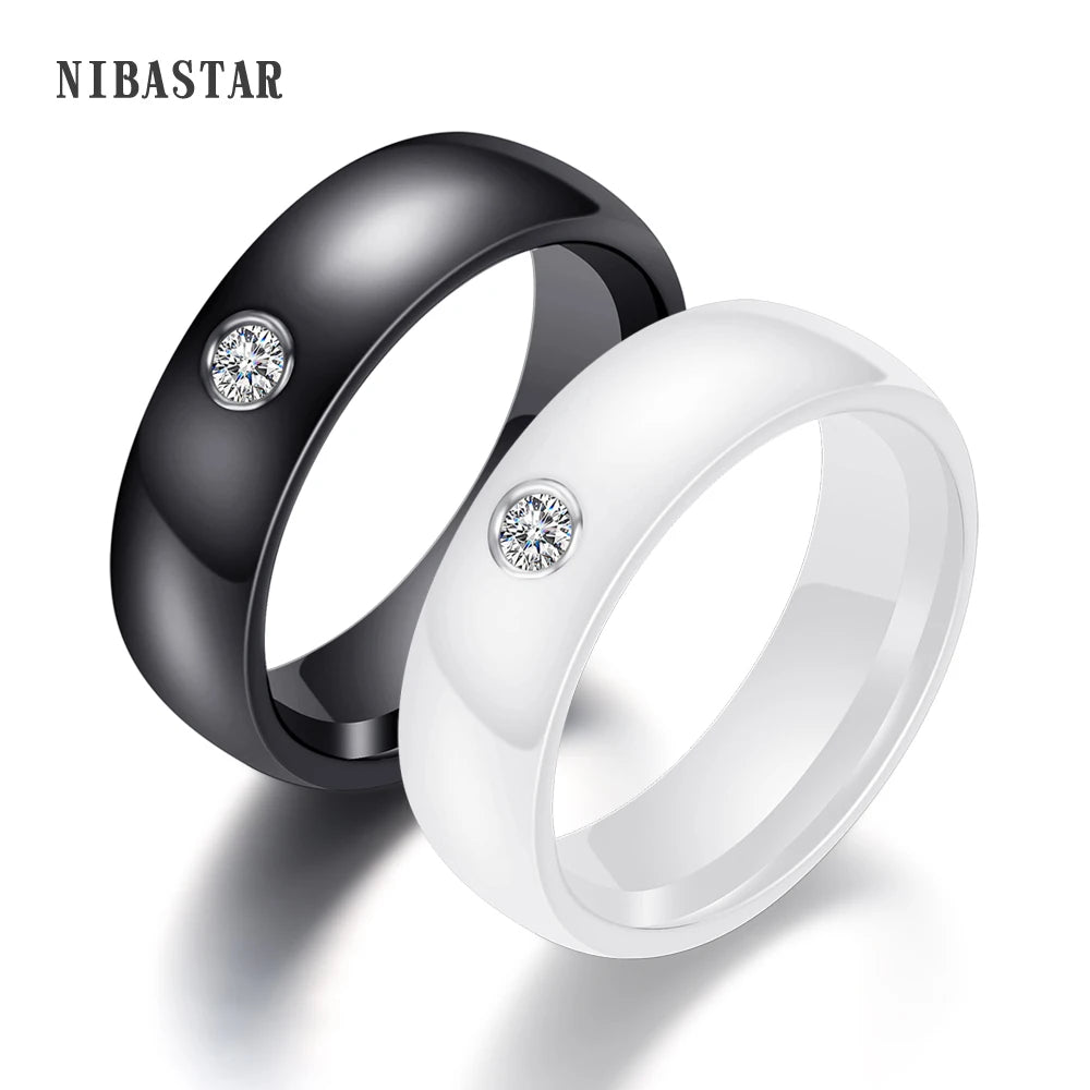 Nouveauté bague colorée noir blanc bague en céramique pour femmes avec grand cristal bague de mariage largeur 6mm taille 6-10 cadeau pour hommes
