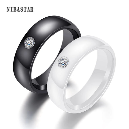 Nouveauté bague colorée noir blanc bague en céramique pour femmes avec grand cristal bague de mariage largeur 6mm taille 6-10 cadeau pour hommes