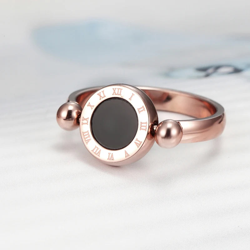 Bague en acier inoxydable pour femmes, Design classique, peut être tourné, émail et coquille, chiffres romains, belle bague de marque, bijoux pour femmes