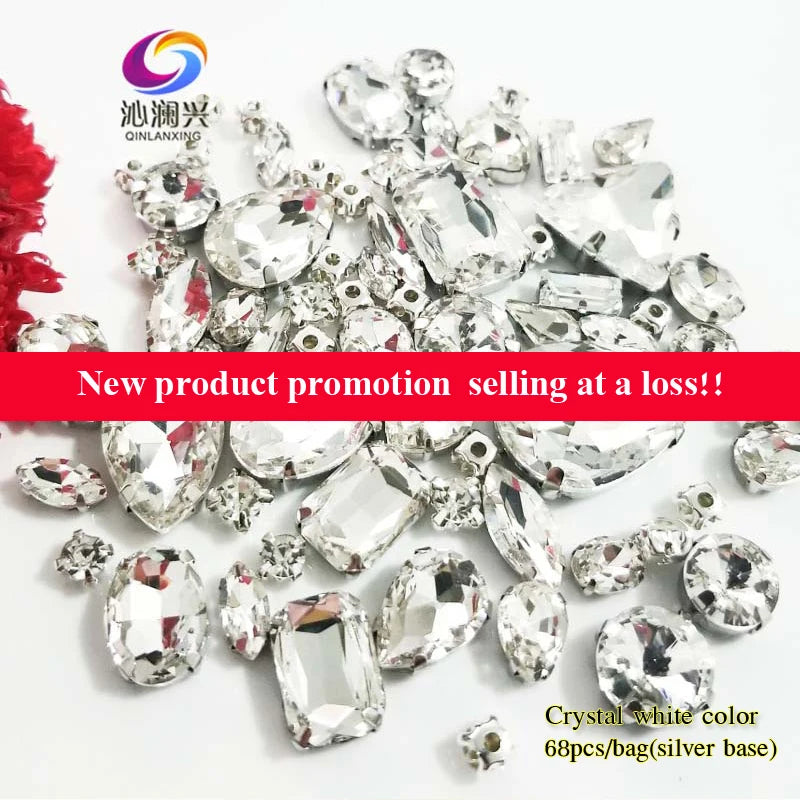 Lot de 68 strass brillants en cristal blanc, tailles variées, à dos plat, à coudre, accessoires de couture pour vêtements et loisirs créatifs