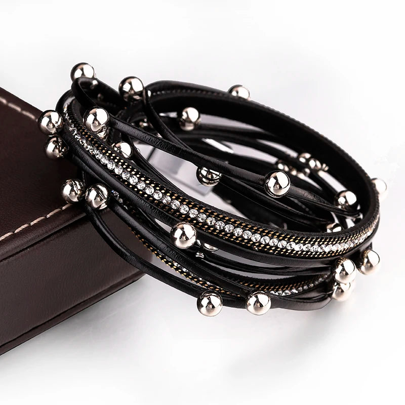 ALLYES – Bracelets en cuir à breloques en perles métalliques pour femmes et hommes, chaîne en cristal, bohème, multicouche, bijoux féminins