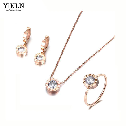 YiKLN-Ensembles de bijoux en acier au titane, pendentif rond classique, zircon cubique contre-indiqué, collier, boucles d'oreilles, bague