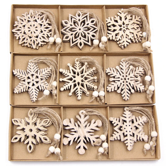 Flocon de neige creux en bois pour Noël peinture bricolage, 12 pièces par boîte