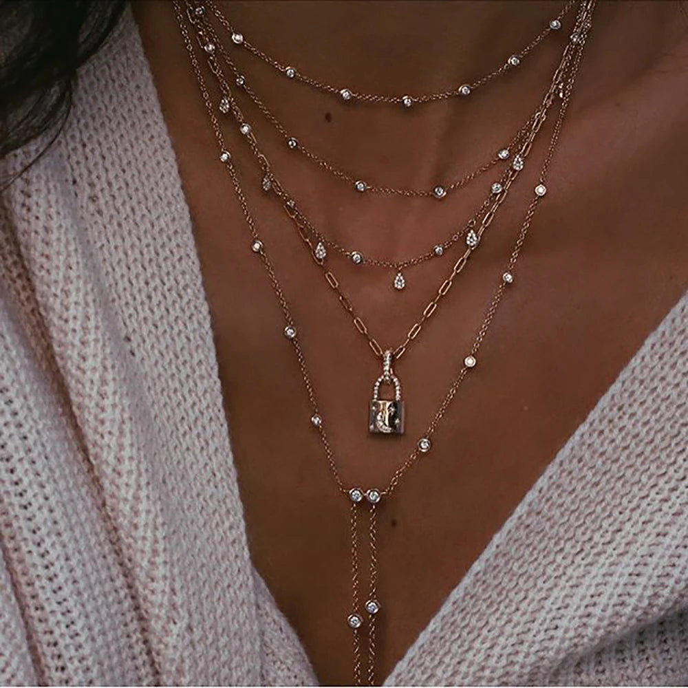 Nouveau Vintage cristal géométrie étoile lune serrure collier pour femmes 2020 Boho multi-niveaux pendentifs colliers Sautoirs bijoux cadeau