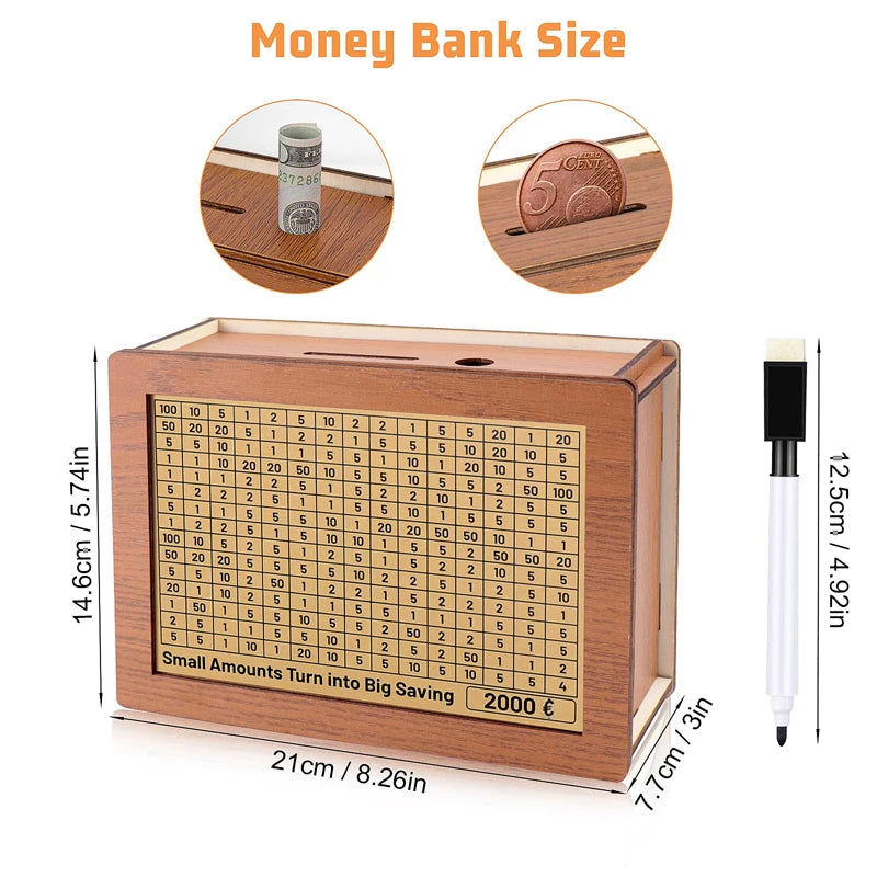 Boîte d’économie d’argent en bois Banque de stockage d’argent avec objectif d’économie d’argent Compteur Tirelire réutilisable faite à la main Boîte de rangement