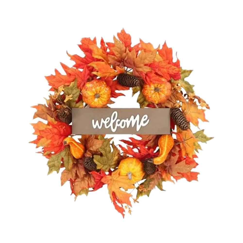 20 pouces d’automne feuilles d’érable couronne citrouille décoratif fenêtre mur pour la porte d’entrée