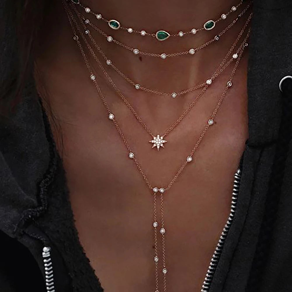 Nouveau Vintage cristal géométrie étoile lune serrure collier pour femmes 2020 Boho multi-niveaux pendentifs colliers Sautoirs bijoux cadeau