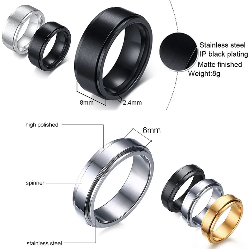 Vnox 8mm anneau de base rotatif pour hommes noir en acier inoxydable décontracté mâle Anel élégant Punk Spinner Alliance bijoux