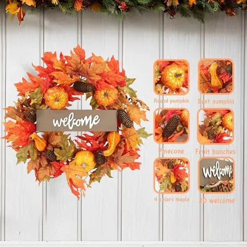 20 pouces d’automne feuilles d’érable couronne citrouille décoratif fenêtre mur pour la porte d’entrée