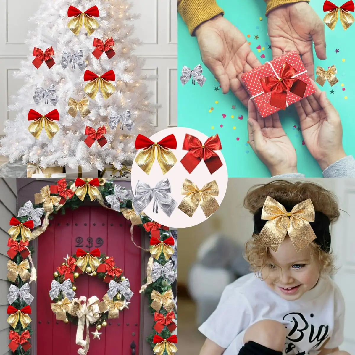 360/12 pièces Mini nœud de noël rouge or paillettes rubans arc arbre de Noël suspendu pendentif