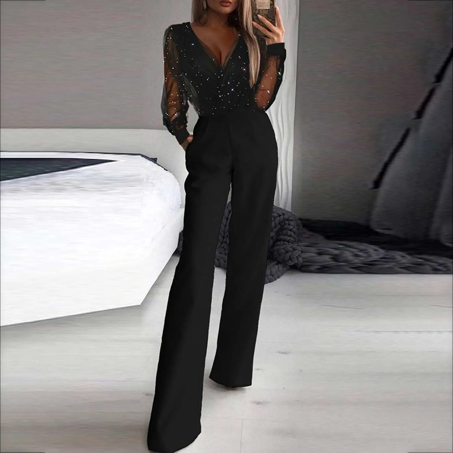 Combinaison élégante pour femme, couleur unie, col en V, taille haute, design fibre de poche, été