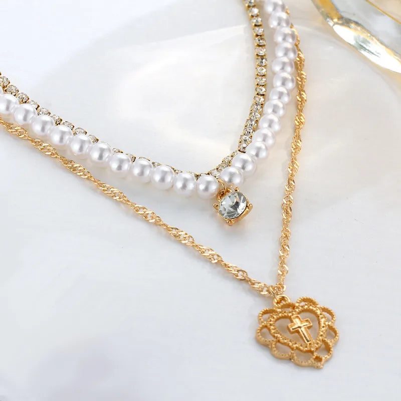 Perle Cristal Collier Ras de Cou Pour Femmes Bohème Coeur Pendentif Multicouche Déclaration Colliers