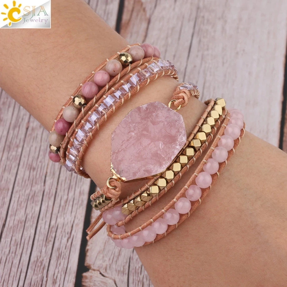 Bohemain femmes Bracelet en cuir pierre gemme rose cristal Vintage tissage déclaration fantaisie fille Bracelet Bijoux S308