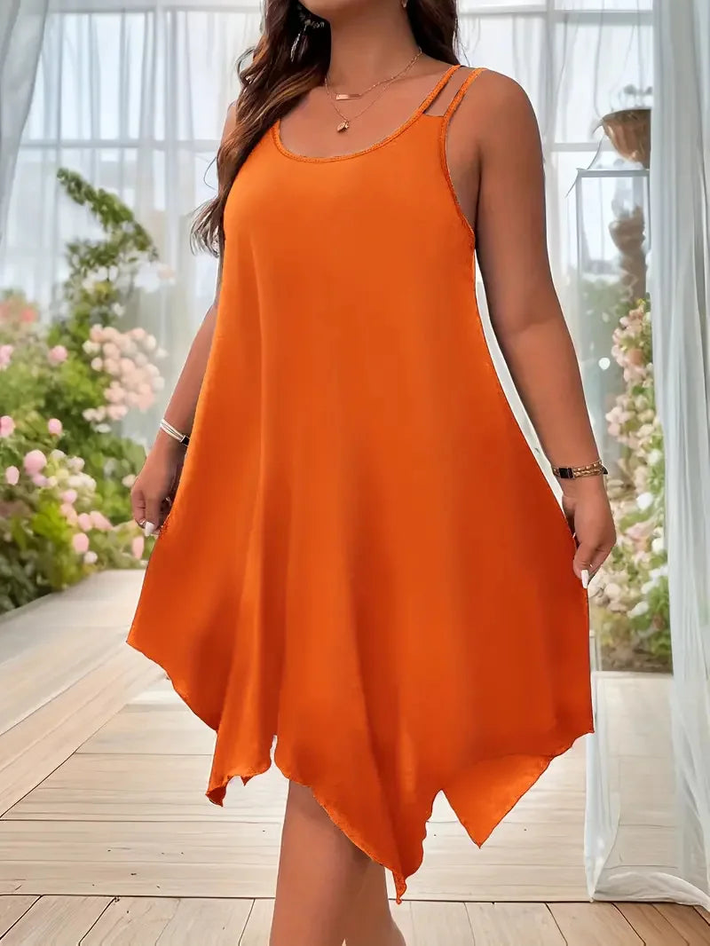 Grande taille femmes solide à bretelles ourlet asymétrique t-shirt robe mi-longue dames sans manches décontracté ample vacances d'été robe d'été XL-5XL
