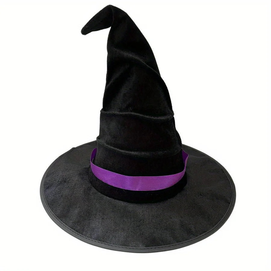 Chapeau de sorcière froissé pour Halloween, chapeau de sorcière en velours noir, costume de sorcière, accessoires de maquillage, décorations de chapeau