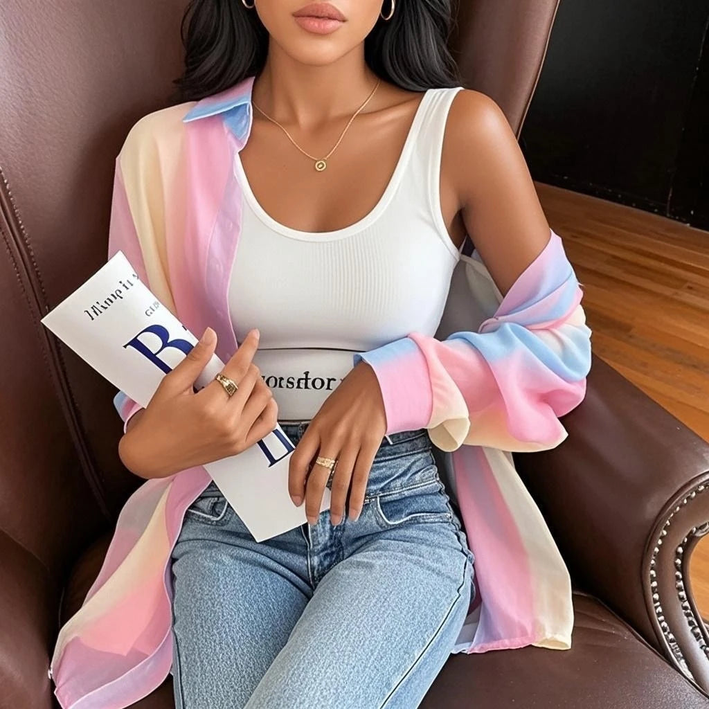 Chemise et chemisiers transparents à manches longues pour femmes, dégradé irrégulier arc-en-ciel, vêtements fins, haut ample, rose, décontracté, tendance