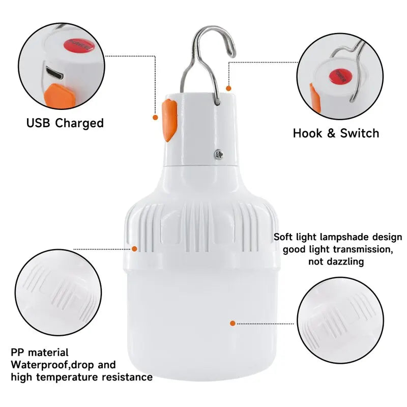 Ampoules LED rechargeables par USB pour l'extérieur, haute luminosité, lumière de secours, crochet, camping, pêche, lanterne portable, veilleuses