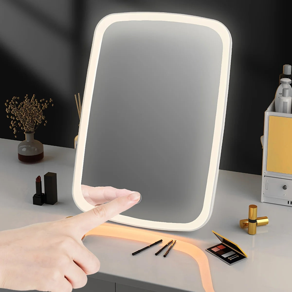 Miroir de maquillage LED avec capteur tactile, éclairage 3 couleurs, luminosité réglable, miroir cosmétique de table pliant avec chargement USB