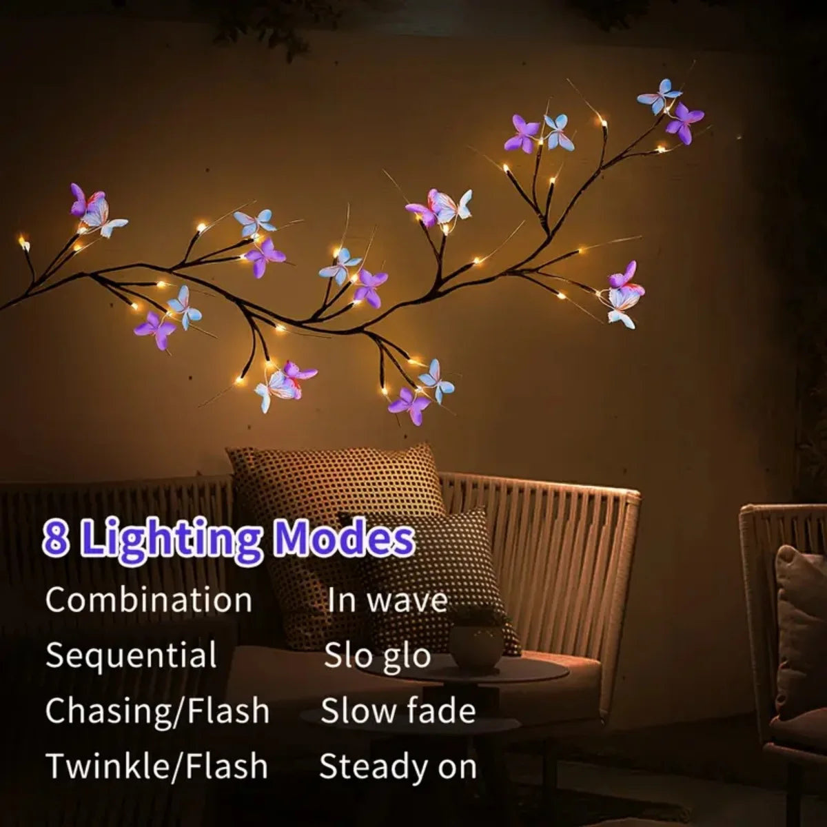 1pc 30LED lumière de vigne de saule enchantée avec papillon alimenté par USB 8 Modes d'éclairage intérieur extérieur étanche lumières de vigne appropriées