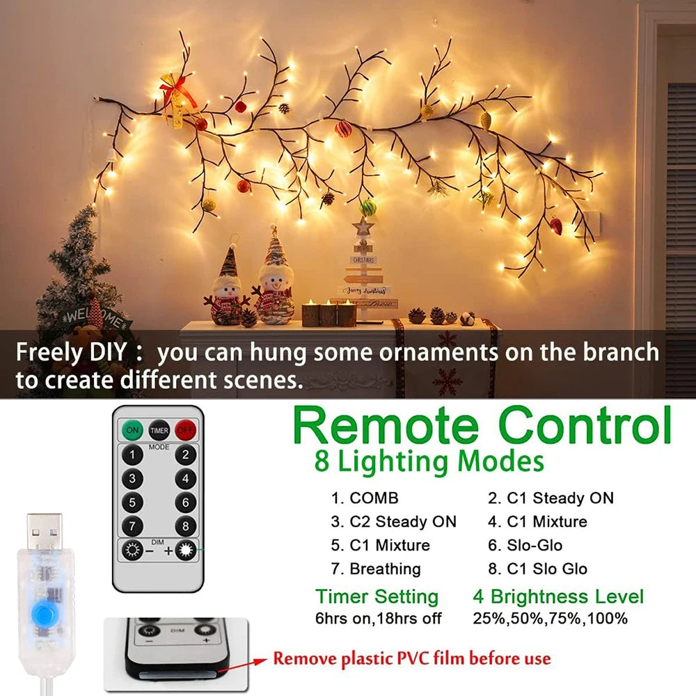 96LED branche d'arbre lampe chambre décoration murale saule vigne arbre bande lumineuse 8 Modes d'éclairage bricolage atmosphère lumière éclairage à la maison