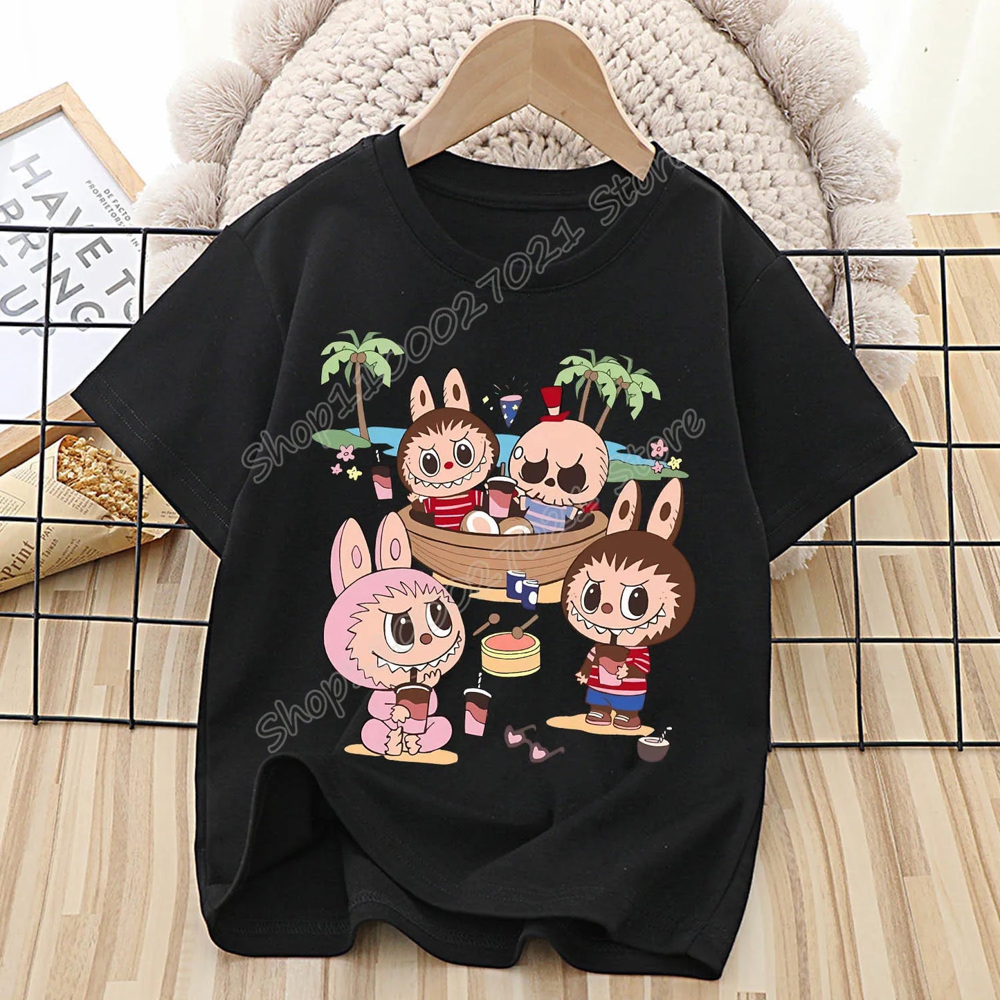 Labubu T-shirt pour enfants mignon dessin animé Anime T-shirt haut noir à manches courtes col rond vêtements mode enfants vêtements d'été cadeau