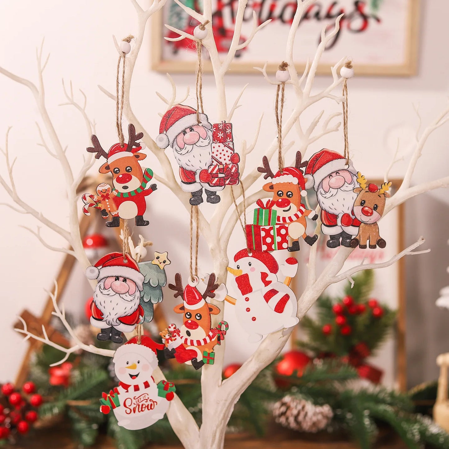 Décoration de Noël en bois, père Noël, bonhomme de neige, wapiti, décoration d'arbre de Noël, 9 pièces