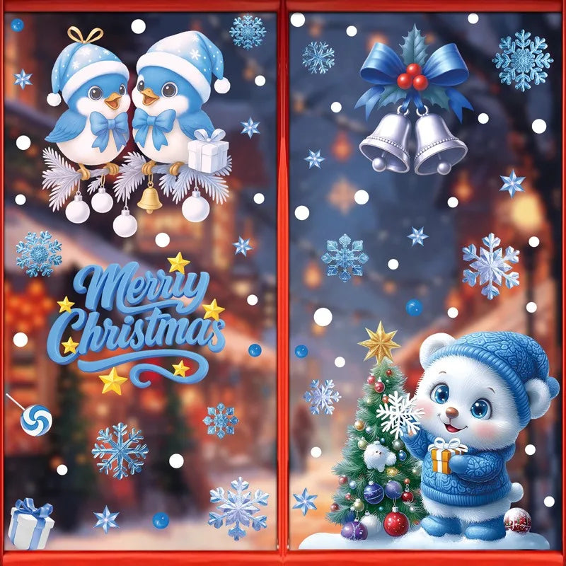 Autocollants de fenêtre de noël, bonhomme de neige d'hiver, père noël, flocon de neige, élan, autocollants statiques, ornements en verre, décor de joyeux noël