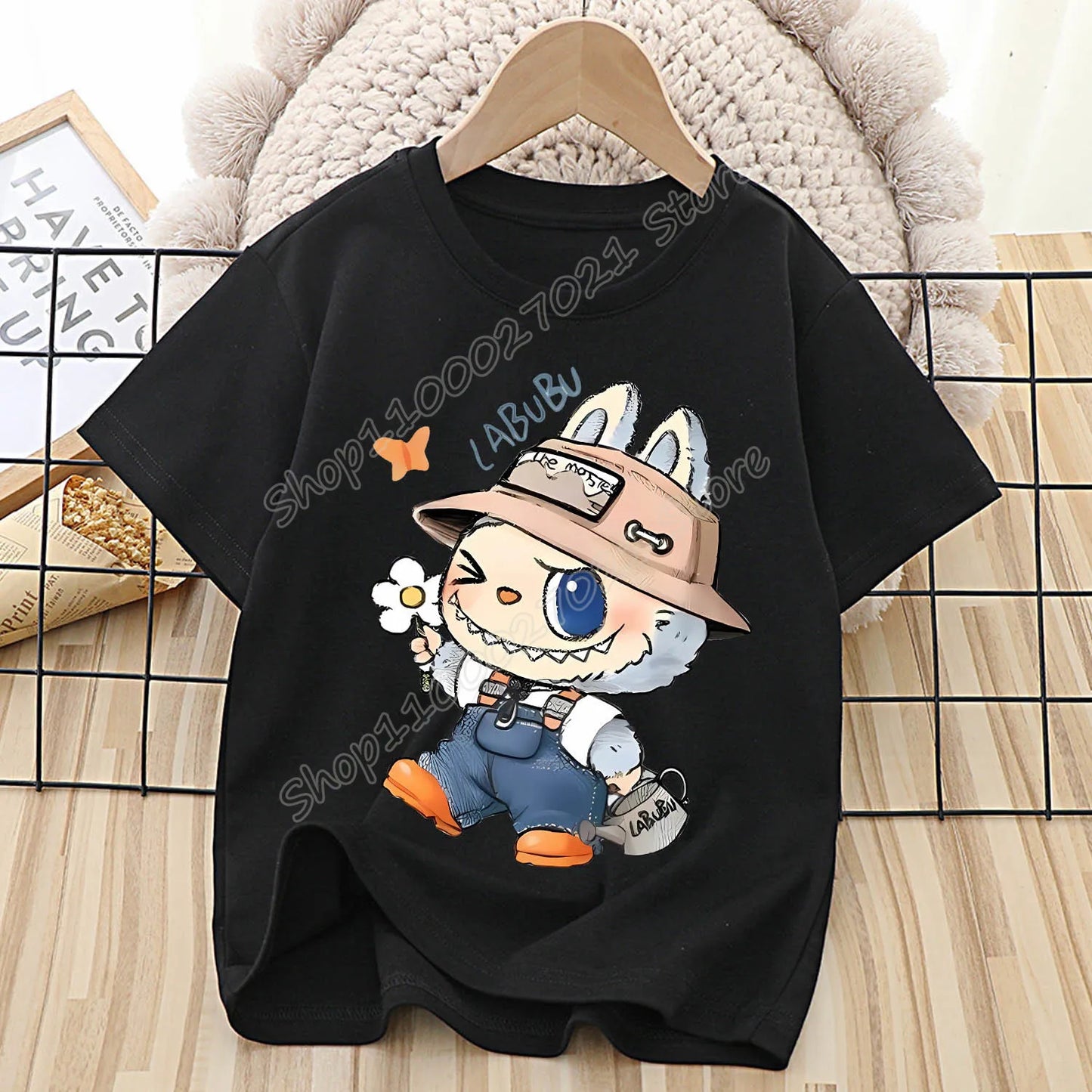 Labubu T-shirt pour enfants mignon dessin animé Anime T-shirt haut noir à manches courtes col rond vêtements mode enfants vêtements d'été cadeau