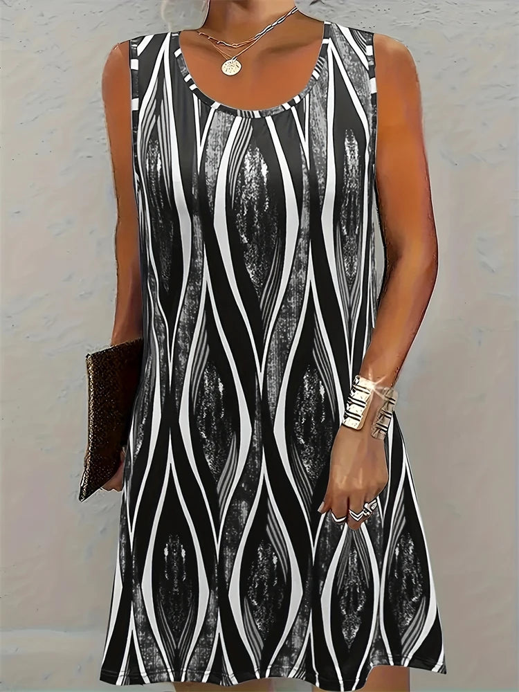 Robe courte d'été pour femmes, longueur aux genoux, style bohème, Vintage, imprimé, col rond, décontractée, confortable, robe de plage, sans manches, 2025