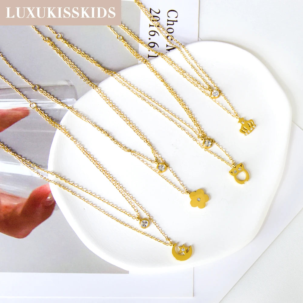 Collier multi rang acier inoxydable,colliers à pendentif Double couche en Zircon cubique pour femmes, bijoux dorés de luxe, ras du cou, en acier inoxydable