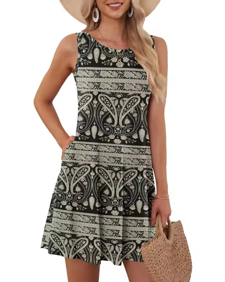 Mini robe trapèze rétro à col rond pour femmes, robes d'été pour femmes, poche en fibre, imprimé floral, glacé, précieux, décontracté
