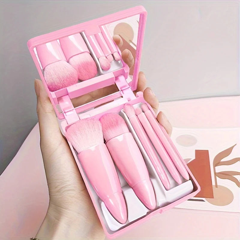 Ensemble de pinceaux de maquillage portables 5 pièces avec miroir-Kit de voyage pliable, Mini ensemble de pinceaux de maquillage ensemble de pinceaux de maquillage de voyage