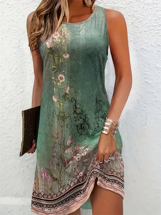 Robe courte d'été pour femmes, longueur aux genoux, style bohème, Vintage, imprimé, col rond, décontractée, confortable, robe de plage, sans manches, 2025