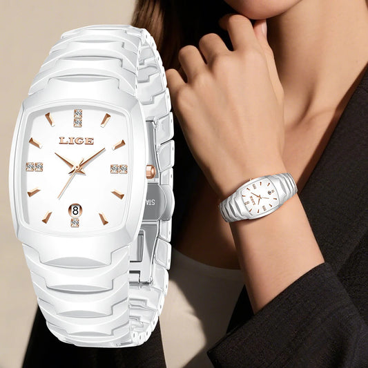 LIGE décontracté élégant femmes montre mode blanc bracelet en céramique calendrier montre à Quartz étanche affaires de luxe cadeau dames montres